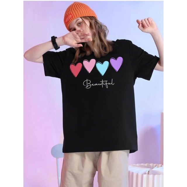 Casual Heart, Letter Printed Round Neck Short Sleeve Women's T-Shirts, Summer TeeFather's Day, MotheCamisetas para mujer, lindas camisetas con estampado gráfico, de manga corta, estilo casual, para ve