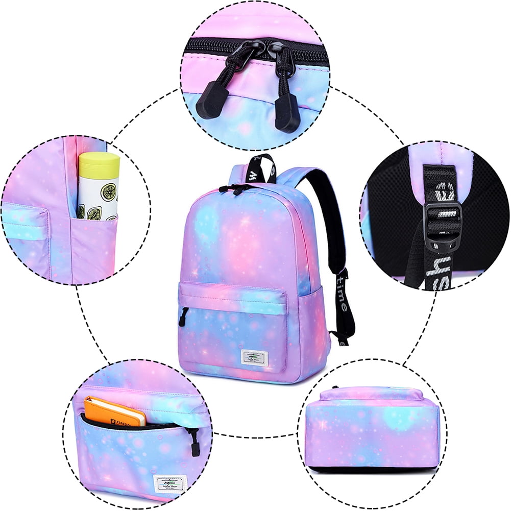Mygreen Galaxy Backpack for Girls, Boys, Kids, Teens, 14 inch Durable Book Bags for Elementary, Middle, Junior High School Students, A Gift That Gives Back Green Purple