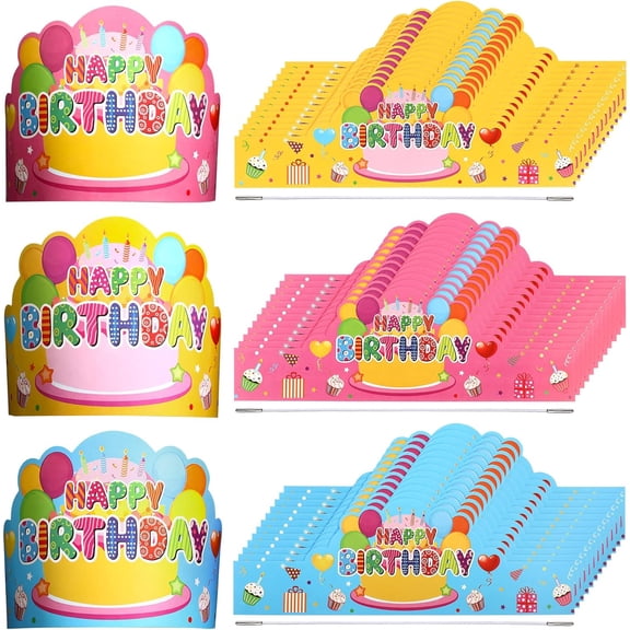 36 Pcs Happy Birthday Crowns for Kids Paper Birthday Hat Crowns for Classroom Gifts Kids' Party(Pink, Yellow, Blue)