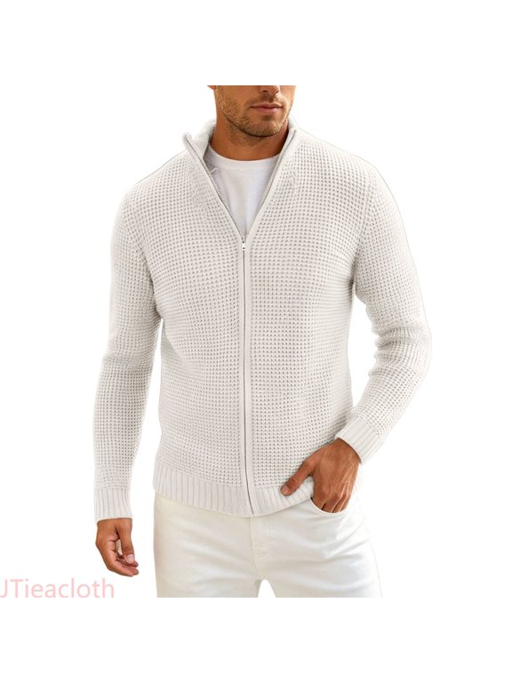 Timeless Mens Knit Coat For Layering Classic Blend Sweater Jacket With Sit Front Patch Pockets And Cozy Turtleneck For Everyday Wear Cardigan Sweater for Men,White