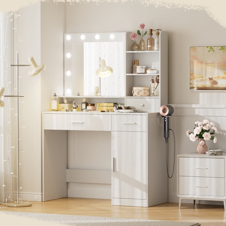 dressing table and JIOABL with Mirror Light, Adjustable Brightness Dressing Table with Drawers and Storage Shelves, White x-handle-sku:aura-denim-midi-dress-sea-wash-25re5024 Sand Leopard Flowers Cut Color:Black&Cabernet Bronze Knob P Long mirror