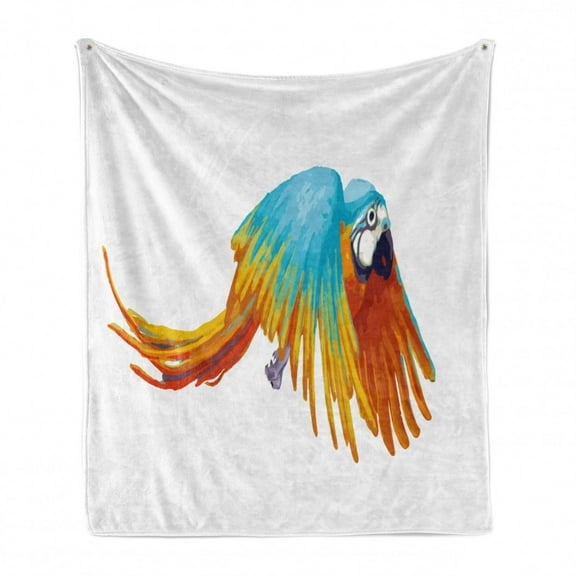 Bird Soft Flannel Fleece Throw Blanket, Flying Exotic Breed Parrot with Feathers Image in Watercolor Effect Design, Cozy Plush for Indoor and Outdoor Use, 50" x 60", Multicolor, by Ambesonne