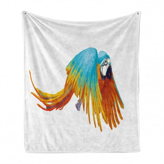Bird Soft Flannel Fleece Throw Blanket, Flying Exotic Breed Parrot with Feathers Image in Watercolor Effect Design, Cozy Plush for Indoor and Outdoor Use, 60" x 80", Multicolor, by Ambesonne