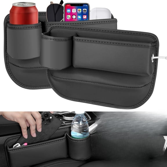 2-Piece Car Front Seat Console Organizer, PU Leather Gap Crevice Catcher with Cup Holder, Anti-Drop Storage Pocket for Phones & Keys