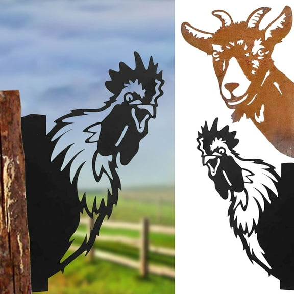 MTFun Peeping Cow Goat Chicken Metal Art， Garden Outdoor Farm Décor For Fence Or Tree， Silhouette Yard Art， Hanging Ornament Decorative Craftwork For Patio Backyard Lawn Decor Statues