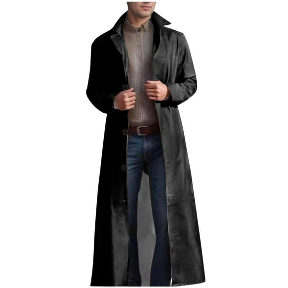 Men's Trench Coat, Long Casual Overcoat for Fall and Winter with Leather Buttons, Warm Solid Color Outerwear Jacket