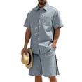 thumbnail image 2 of BLTIBY Mens 2 Piece Outfits Summer Set Short Sleeve Button Down Lapel Shirts and Shorts Beach Casual Jogging Suits with Pockets Gray S, 2 of 6