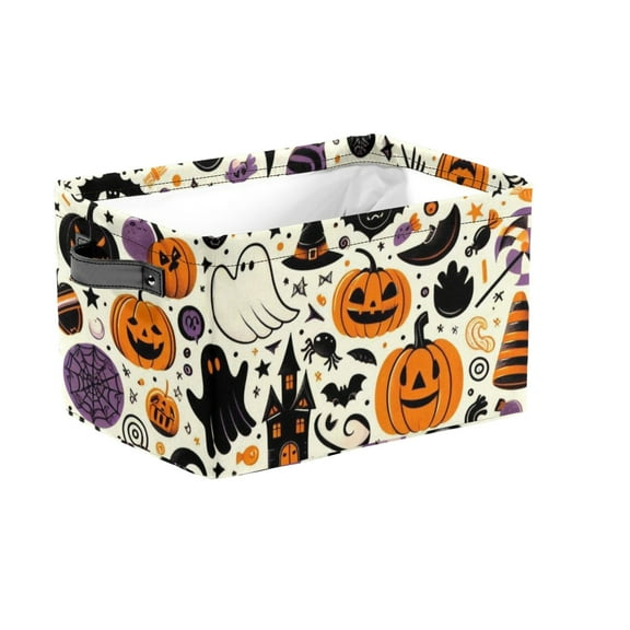 MOQIN Reusable Halloween Storage Basket Organizer with Handle - Decorative Holder for Candy,Toys,Home Decor, Trick or Treat Supplies,and Festive Display Bin,14.17(L) x 10.3(W) x 8.3(H) INCH