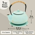thumbnail image 3 of Cast Iron Teapot with Infuser - Japanese Tea Kettle, Loose Leaf Tetsubin with Handle and Trivet (Green, 3 Pcs, 18 oz,500 ml), 3 of 10