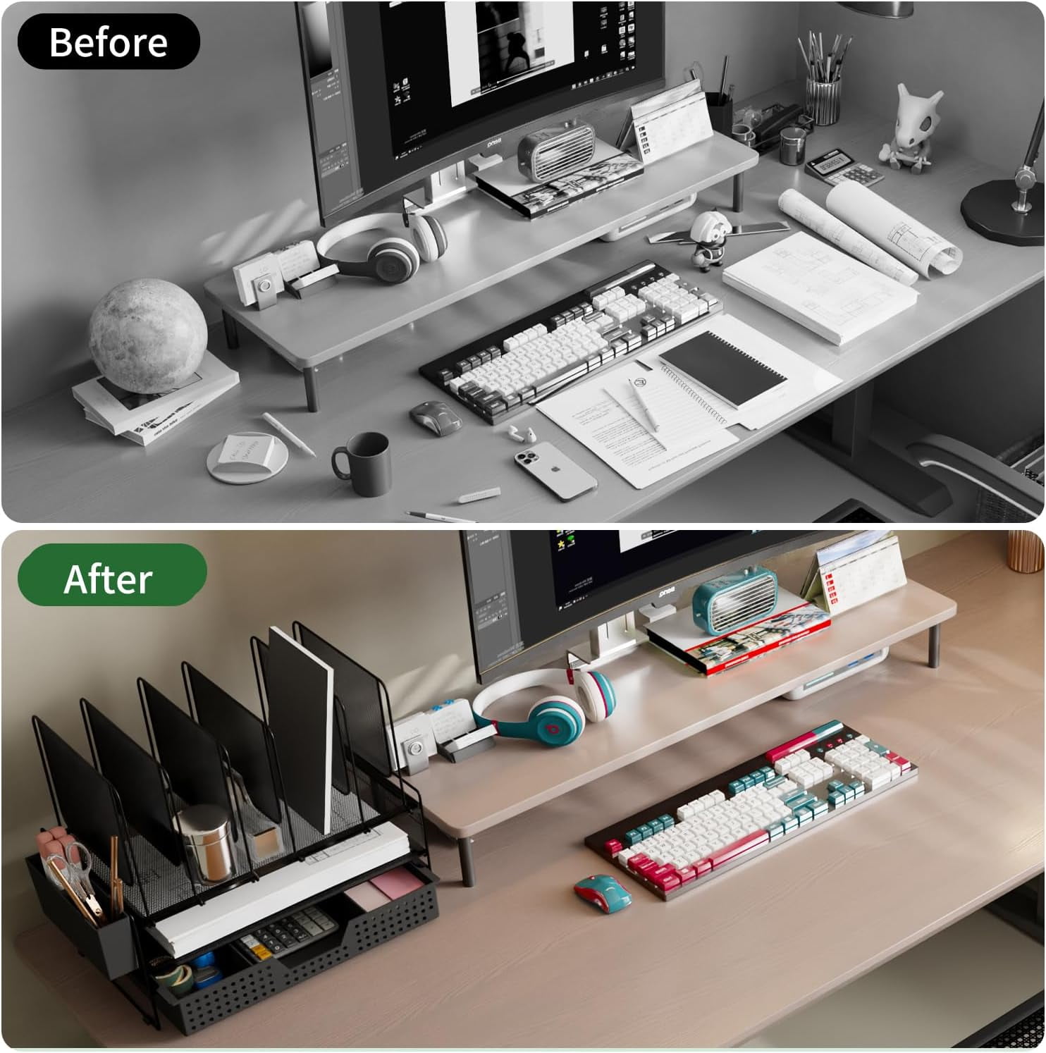 Desk Organizer, Office Organization with Vertical File Holder, Organizer Drawer and Pen Accessories Workspace Organizers for Home (Black)
