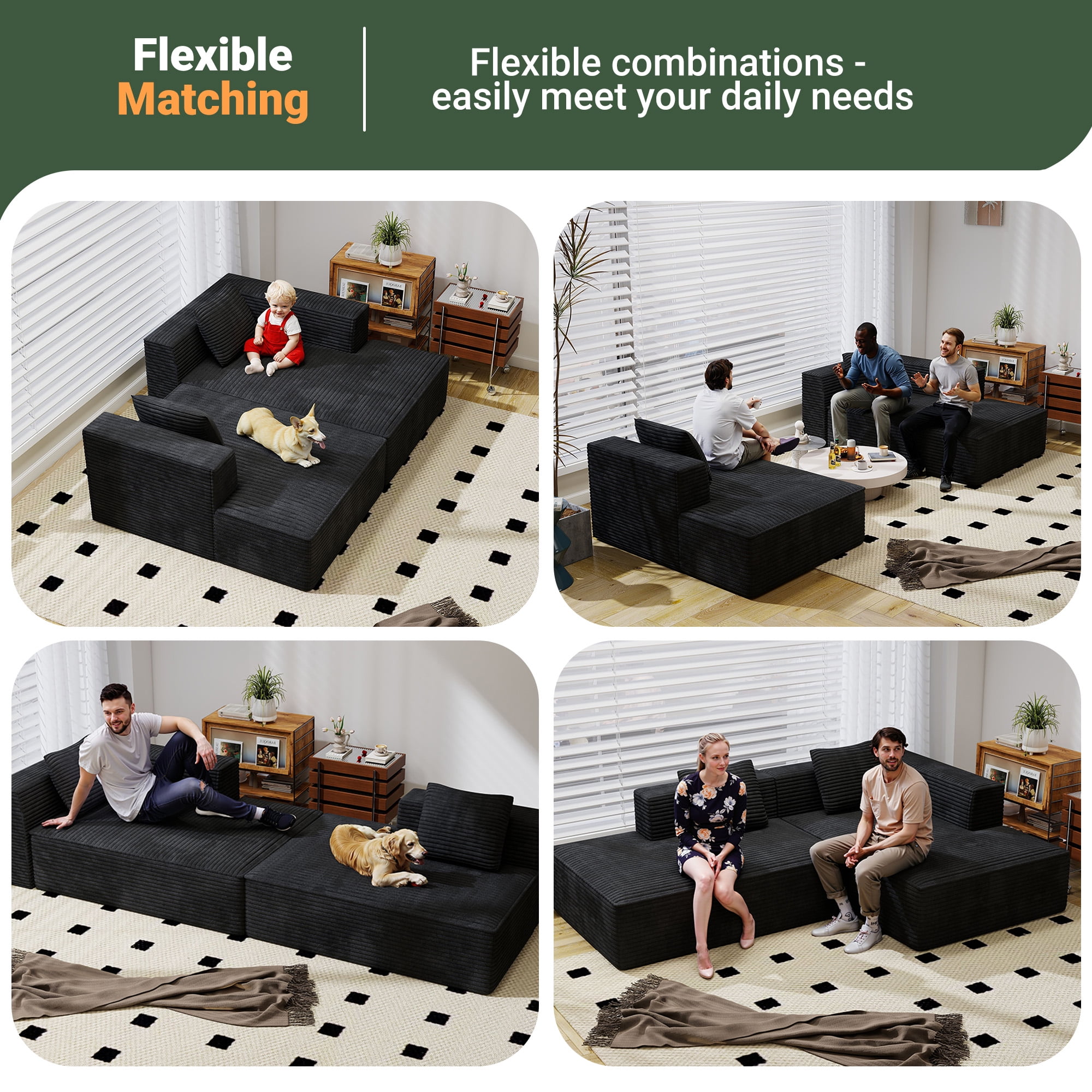 Meeyar 91" Boneless Modular Sectional Sofa with L Shaped Chaise, Cloud Couch for Living Room, Carbon Black