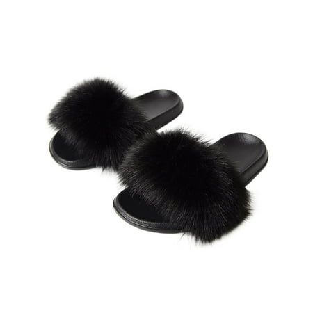 

Ferndule Women Open Toe Fuzzy Slippers Summer Beach Cozy Flat Sandals Casual Slip On Plush Slipper Black 7-7.5