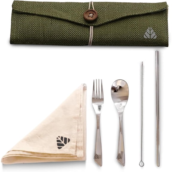 Rusabl - Reusable Travel Cutlery Set with Spoon Fork Straw Cleaning Brush Napkin and Carry Pouch for Daily Dining