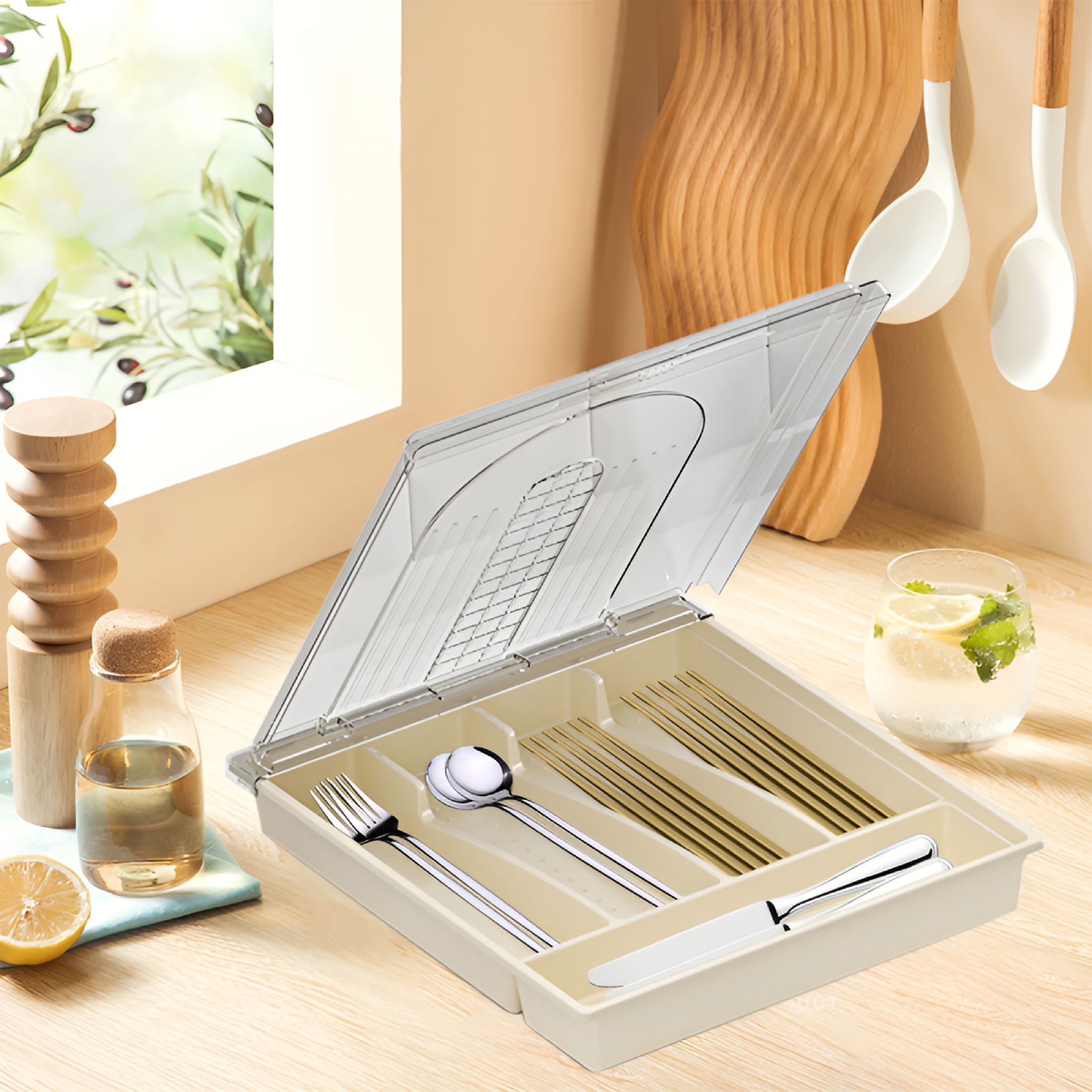 ACDANC 2026 New Silverware Tray with Lid,Utensil Drawer Organizer for Kitchen Countertop Plastic Flatware Organizers and Storage Holder 5 Compartments Kitchen Drawer Organizers for Utensils