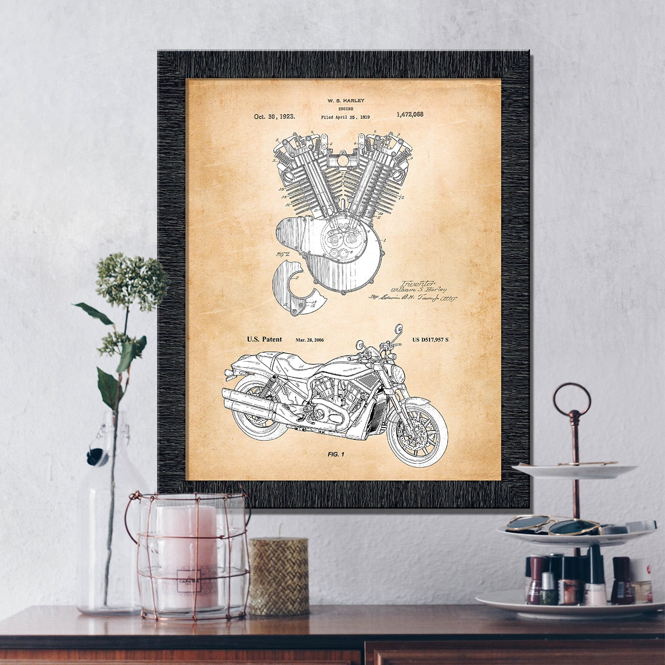 Harley Davidson Decor Framed Engine and 2006 Framed Motorcycle Patent Print, Unique Harley Davidson Wall Art, Garage Décor, Motorcycle Gifts For Men, 2137CH