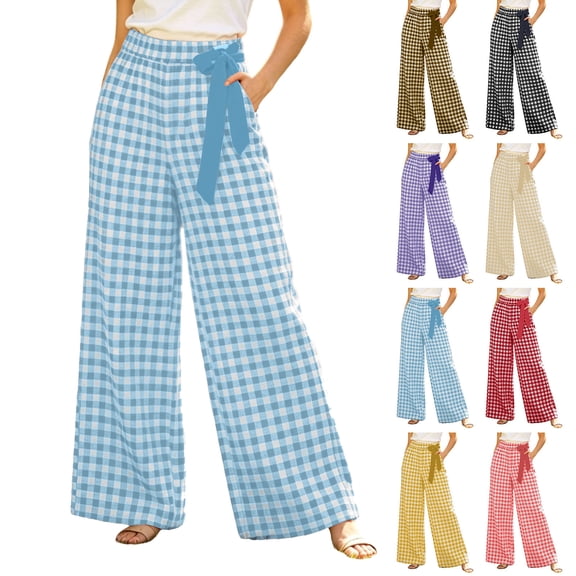 Womens Pants Dqueduo Women's High-Waisted Plaid Wide-Leg Pants – Casual Elastic Waist Trousers with Pockets Sky Blue L