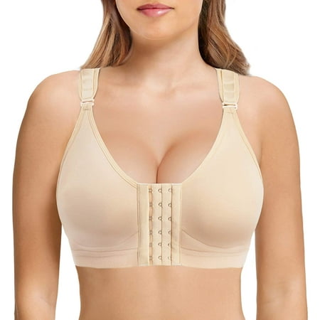 

Nebility Women Post Surgery Bra Front Closure Sport Bra Removable Pads Wirefree(Beige XX-Large)