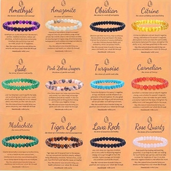 12pcs 6mm Artificial Gemstone Beaded Bracelets For Women Men, Semi-Precious Artificial Gemstone Bracelet, Elastic Stretch Bracelet, Jewelry Gift With Card