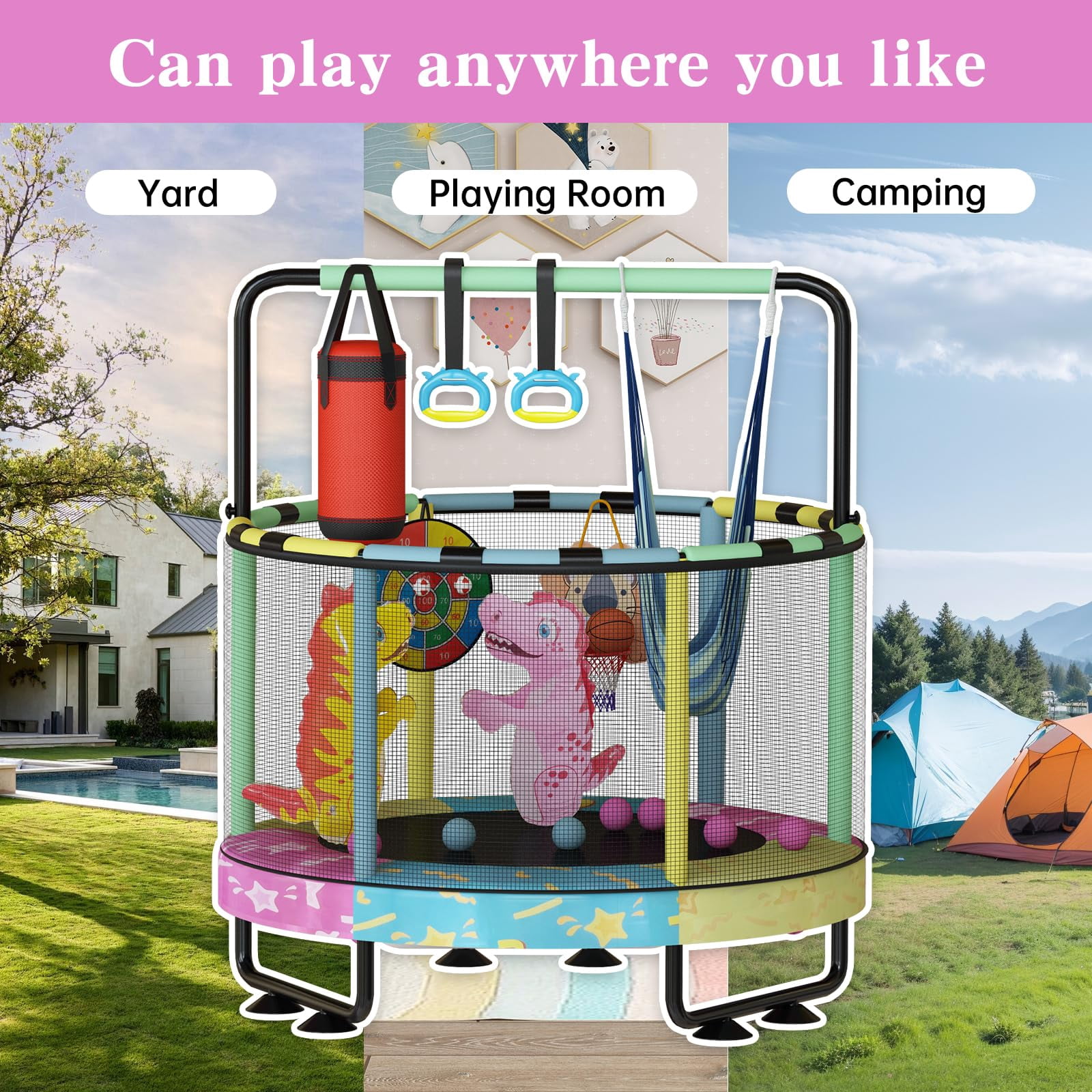 Baxluxe 55" Kids Trampoline with Safety Net, 7-in-1 Adjustable Height Design, 500lbs Weight Capacity for Indoor & Outdoor Use, Fun Mini Trampoline for Children Ages 3-8 Years Old, Colorful