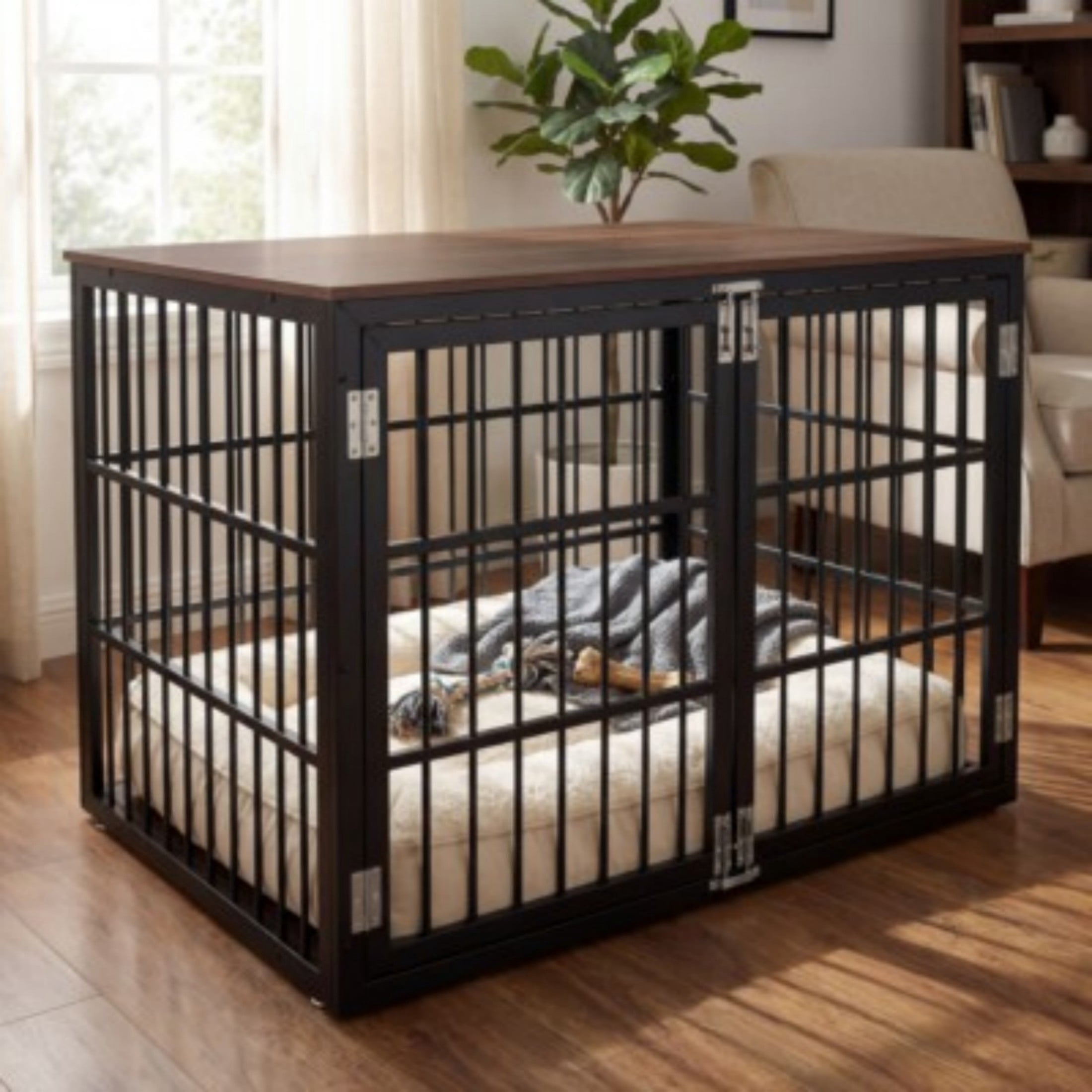 SHOUFTW 4-Panel Dog Crate Furniture, Iron Wood Dog Cage, Heavy Duty Pet Kennel, Particle Board Top & Metal Frame, Black Rust