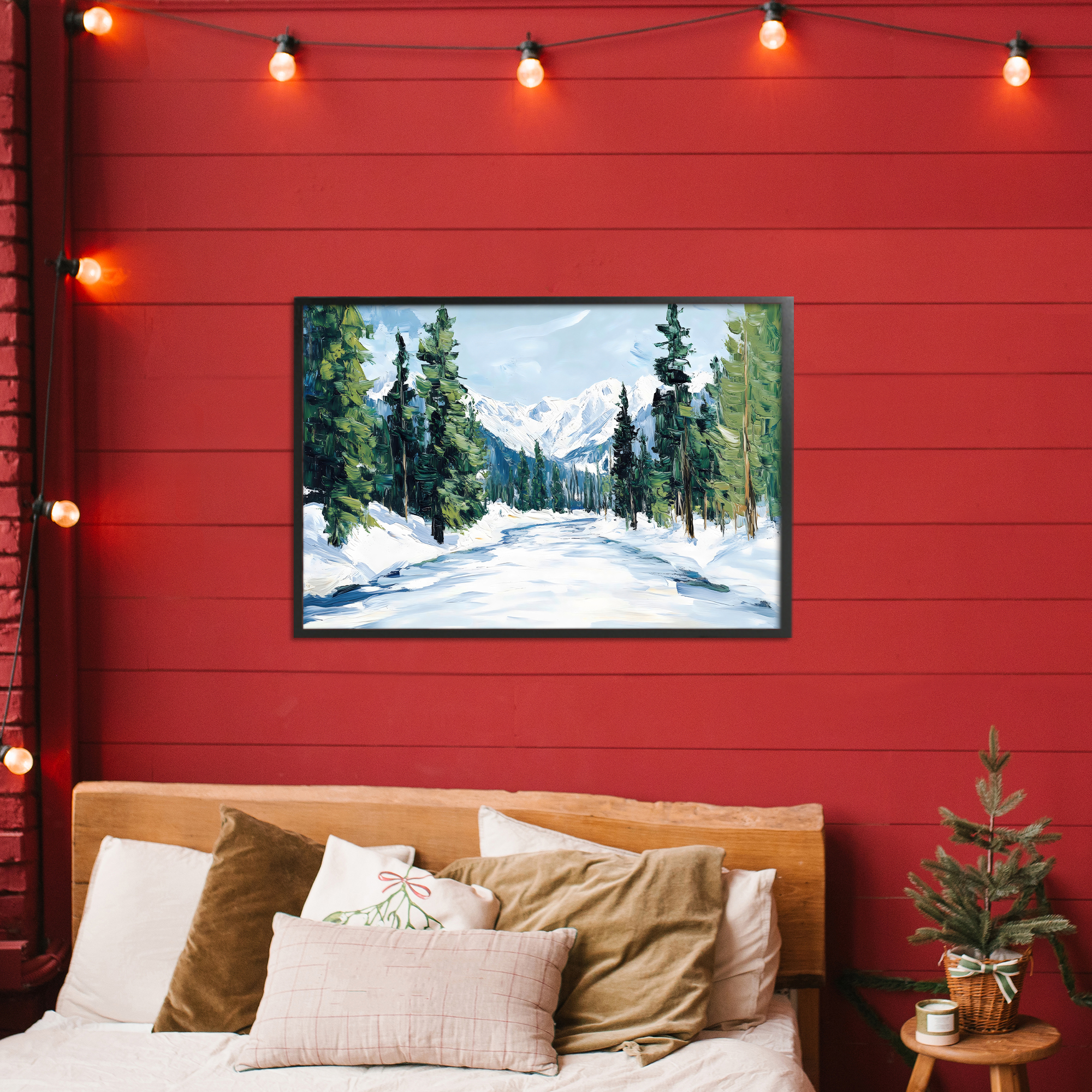 Snowy Tall Tree Pass Black Framed Giclee Art, design by Petal Prints Design