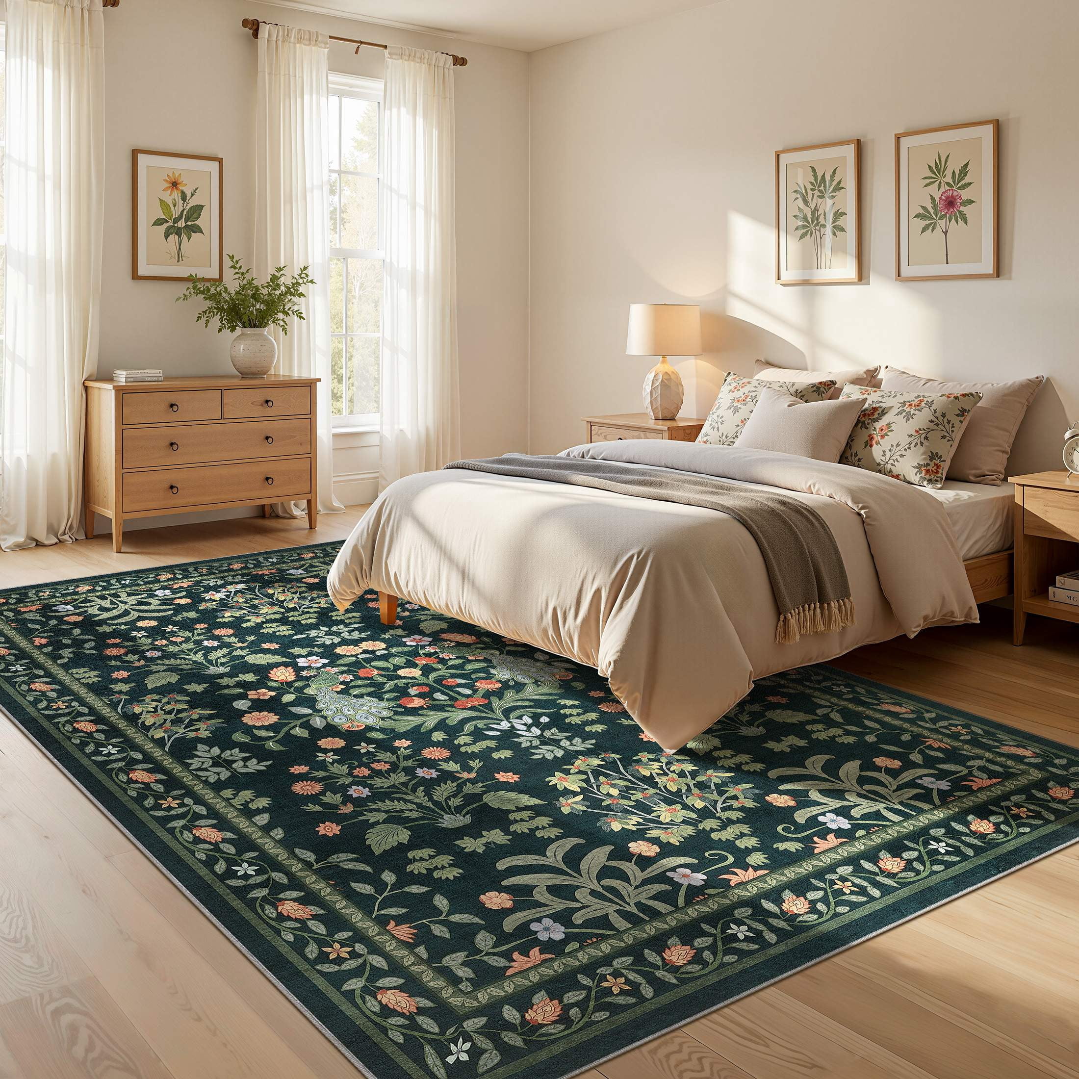 Micgeek Boho 9x12 Area Rugs for Living Room, Floral Non-Slip Washable Rug for Bedroom Home Decor Carpet, Farmhouse Dining Room Office Large Rugs, Dark Green