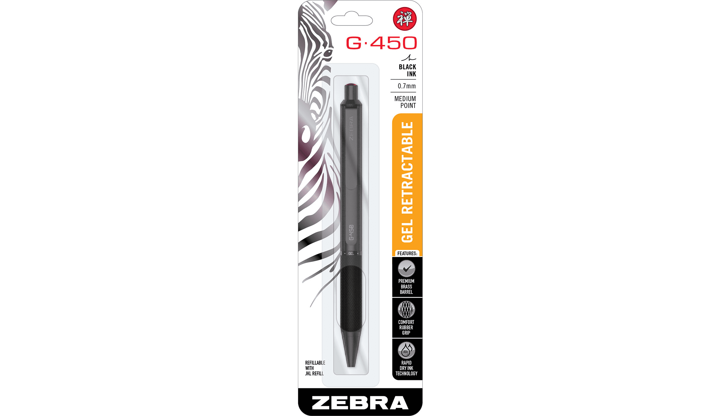 Zebra Pen G-450 Retractable Gel Pen, Black Barrel, Medium Point, 0.7 mm, 1-Pack