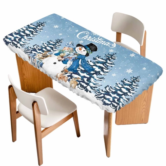 Blue Snowman Christmas Table Cloths for 3 Foot Rectangle Tables, Xmas Snowflake Gifts Winter Elk Patio Waterproof Elastic Fitted Tablecloths, Washable Rectangular Table Cover for Camping