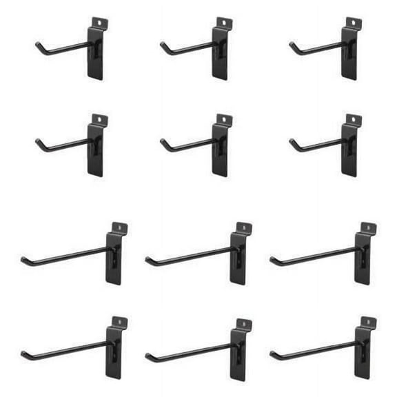 Jifram Extrusions, Inc. Easy Living Easy Wall Bag of Six 4 in. & Six 6 in. 45 Degree Black Metal Slatwall Hooks with Stabalizer & Double Hook Clips
