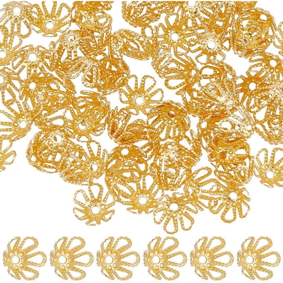 200Pcs Brass Bead Caps Long-Lasting Plated Flower 6-Petal Real 18K Gold Plated 6.5x3.5mm Hole: 1mm