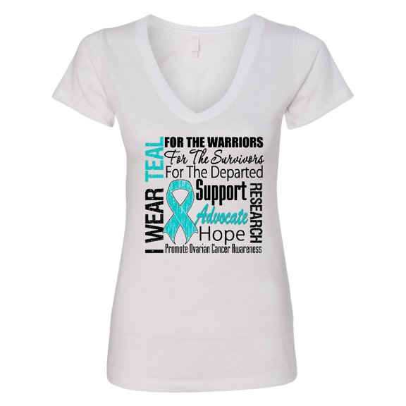 Inktastic Ovarian Cancer I Wear Teal Ribbon Tribute Women's V-Neck T-Shirt