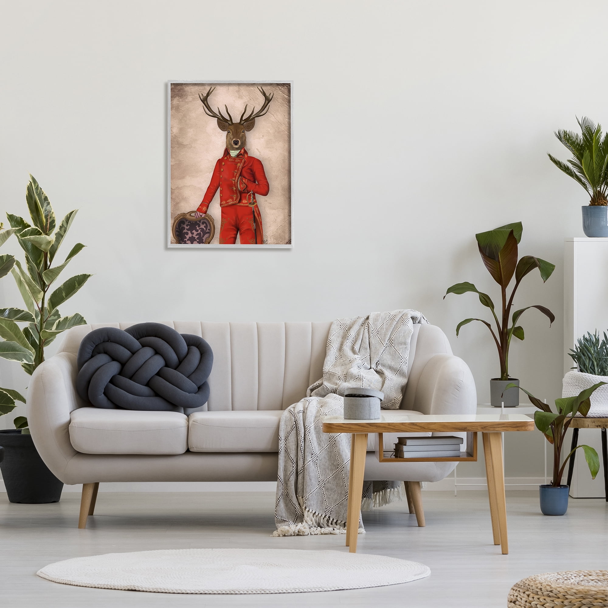 Stupell Industries Fancy Elk in Red Suit Animals & Insects Painting Gray Framed Art Print Wall Art, 24 x 30