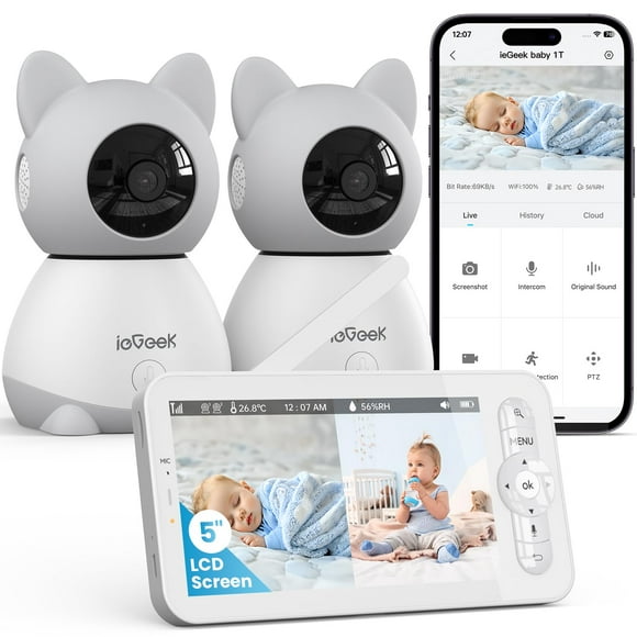Monitor para bebés ieGeek, pantalla dividida, vídeo 2K con 2 cámaras de 5 pulgadas