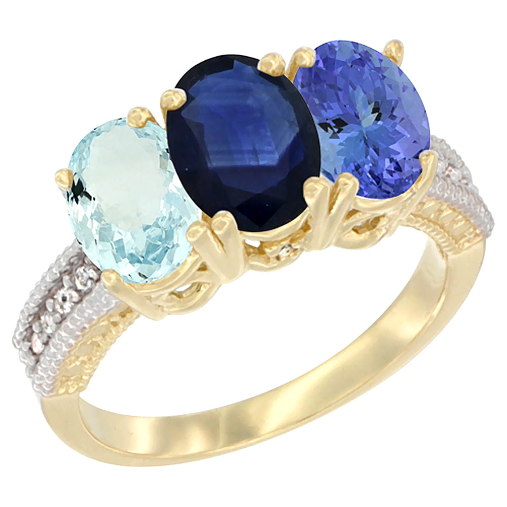 10K Yellow Gold Natural Aquamarine, Blue Sapphire & Tanzanite Ring 3-Stone Oval 7x5 mm, sizes 5 10 by WorldJewels
