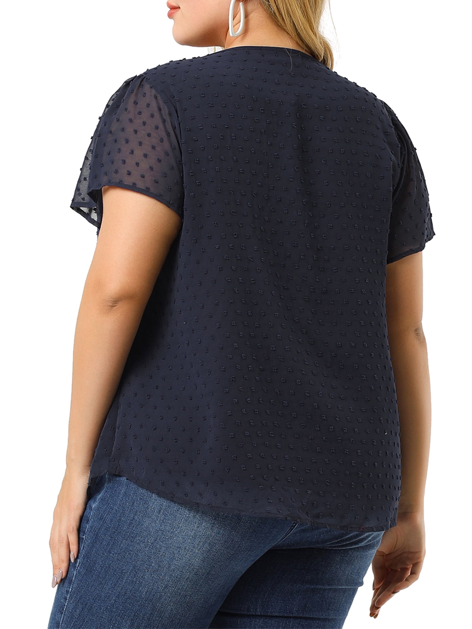 DARING DIVA Women's Plus Size Blouses Pin Dots Smocked Flare Sleeve Top 1X Royal Blue
