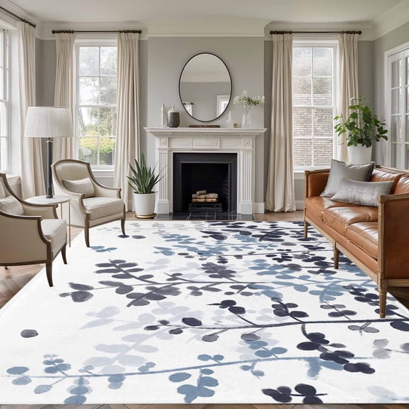 Navy Blue Leaves Area Rugs 6'x9', Washable Small Throw Rugs for Kitchen Dining room, Summer Botanical Indoor Outdoor Rug Non-Slip Low Pile Carpet Runner Reversible Floor Mats