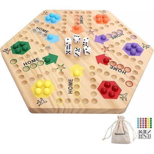 Original Marble Game Wah00 Board Game Double Sided Painted Wooden Fast Track Board Game for 6 and 4 Players 6 Colors 24 Marbles 6 Dice for Family Friends