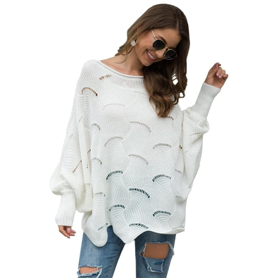 Women's Casual Loose Batwing Sleeve Hollow Out Knit Sweaters Tops, White, Large