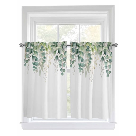 Tier Curtains 45 Inches Long, Teal Botanical Window Treatment Curtain Drapes, Sage Green Eucalyptus Leaves Watercolor Window Half Privacy Curtains for Bedroom Bathroom, 42"x45", 2 Panels