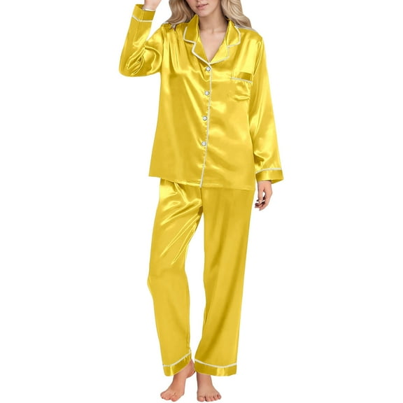 Fiaer,Satin Pajamas Sets for Women,Womens Plus Size Lightweight Sleepwear,Women's Comfy Trendy Pjs Lounge Wear with Pocket,Ladies Loose Fit Shirts Wide Leg Trousers Yellow XL