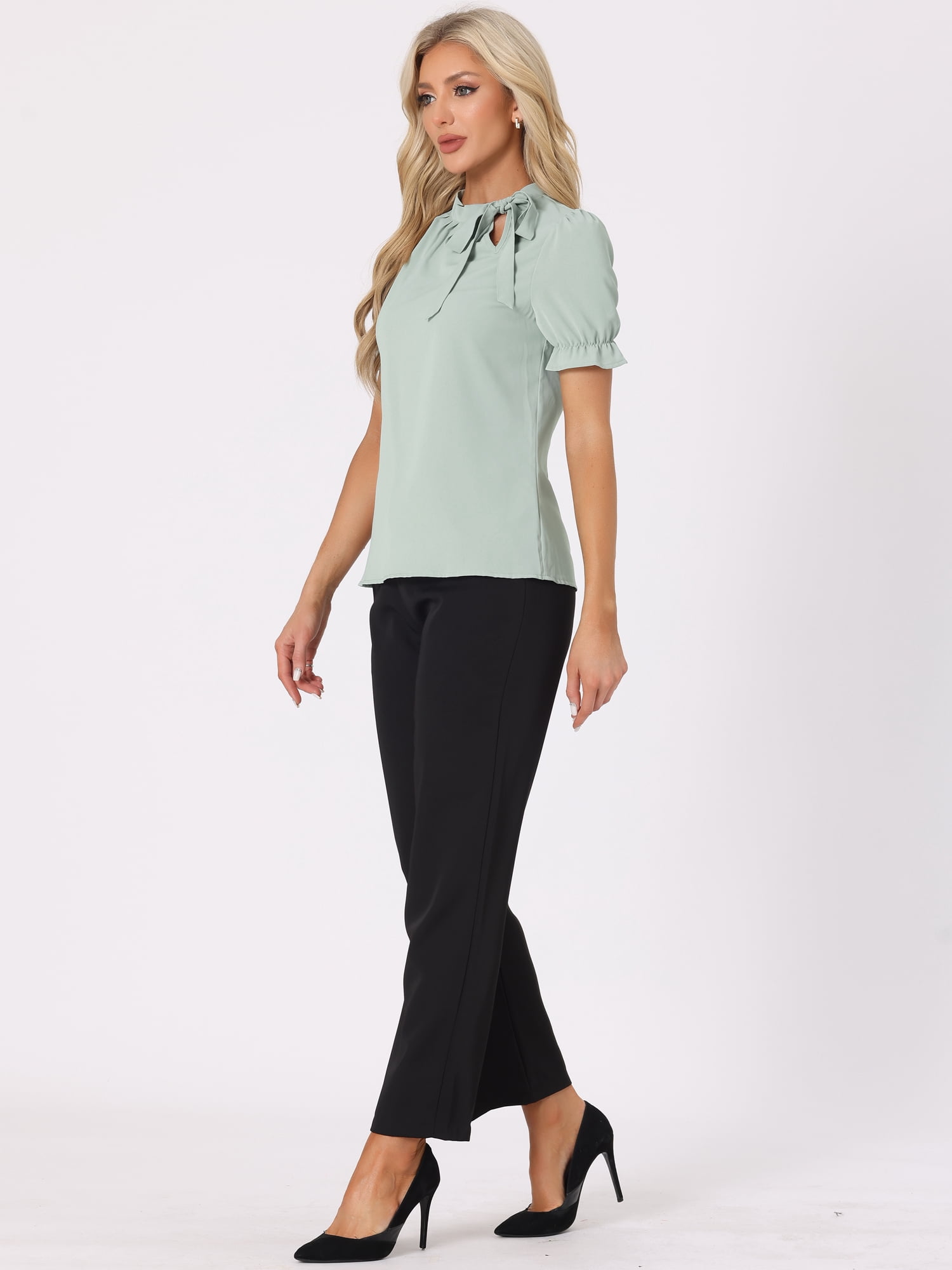 Unique Bargains Women's Bow Tie Neck Office Elegant Short Sleeve Blouse Top XL Light Green