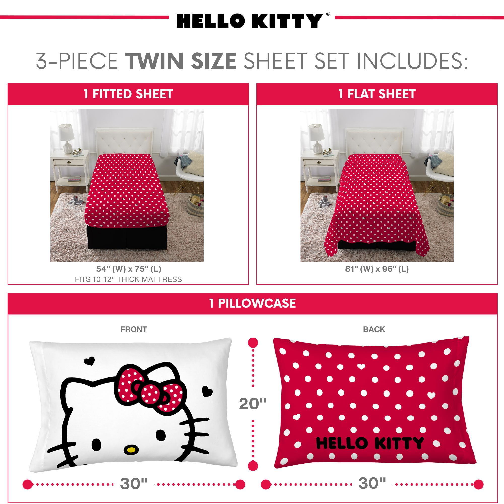 Hello Kitty Kids 3 Piece Red White Polka Dots Sheet Set, Twin