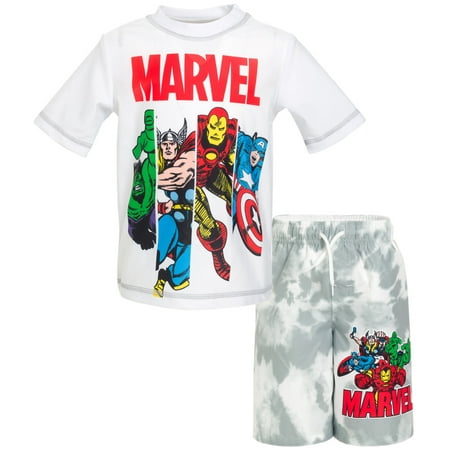 

Marvel Avengers Hulk Captain America Thor Toddler Boys Rash Guard and Swim Trunks Outfit Set White / Multicolor 4T