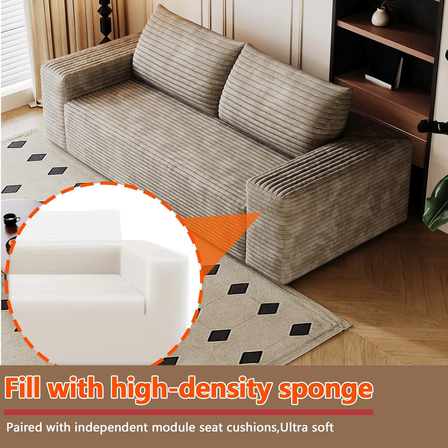 71" Corduroy Loveseat Sofa, 3-Seater Cloud Couch, Boneless Sofa in a Box with Deep Seat Memory Foam, No Assembly Required,Camel