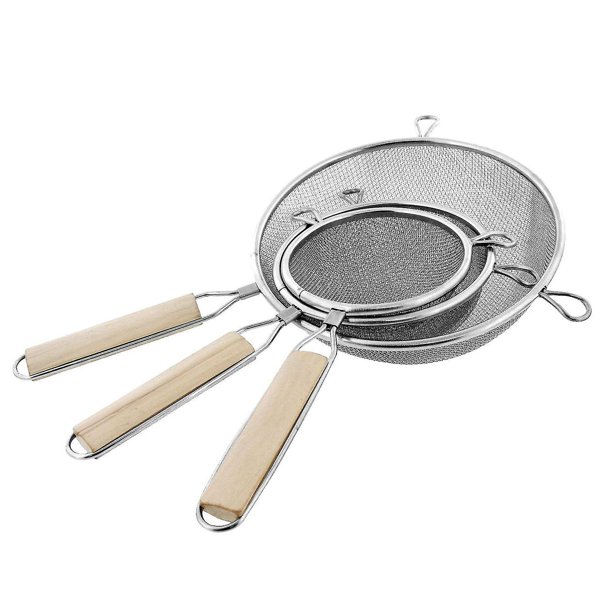 Juego de 3 coladores de acero inoxidable extrafinos de doble malla de primera calidad con cómodos mangos de madera, tamaños de 5", 5,5" y 8"
