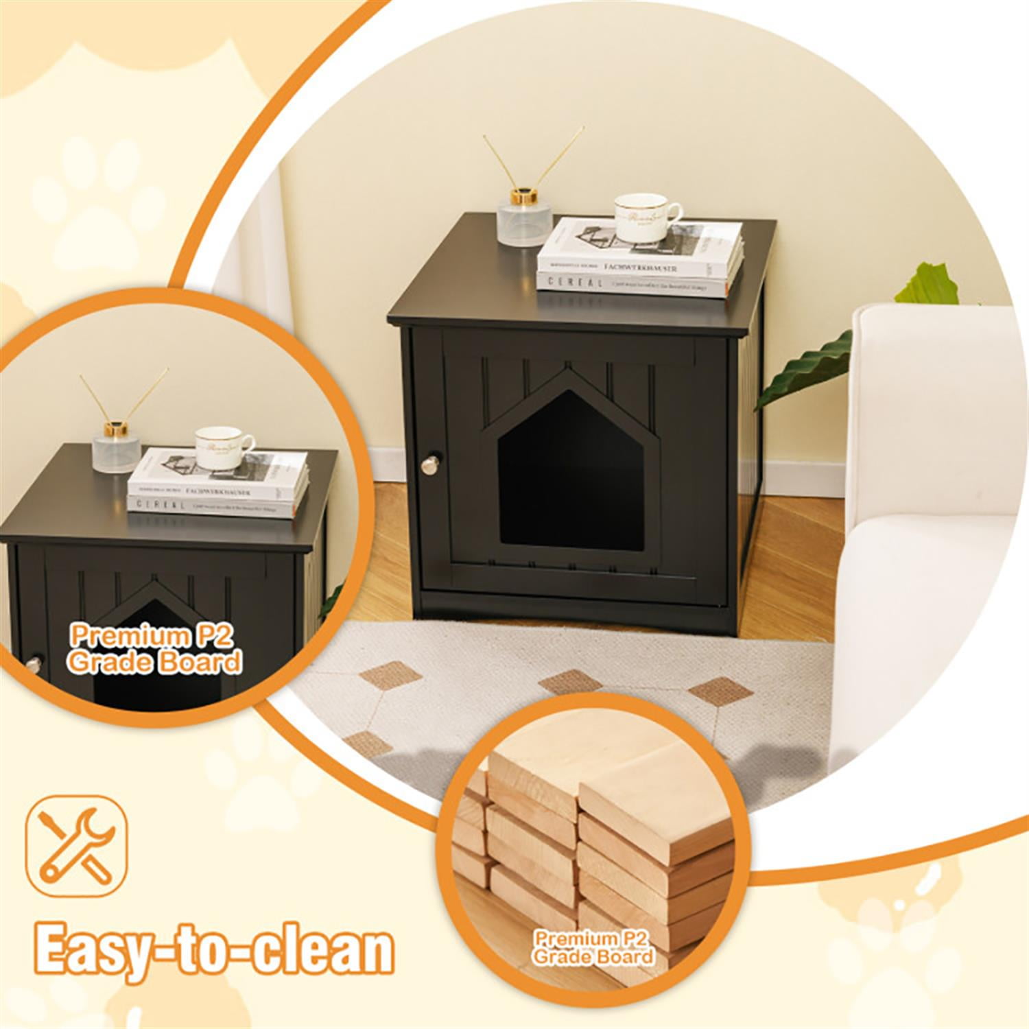 Kadyn Cat Litter Box Enclosure Furniture, Hidden Litter Box for Cats, Cat House Furniture for Side Table or Nightstand, Black