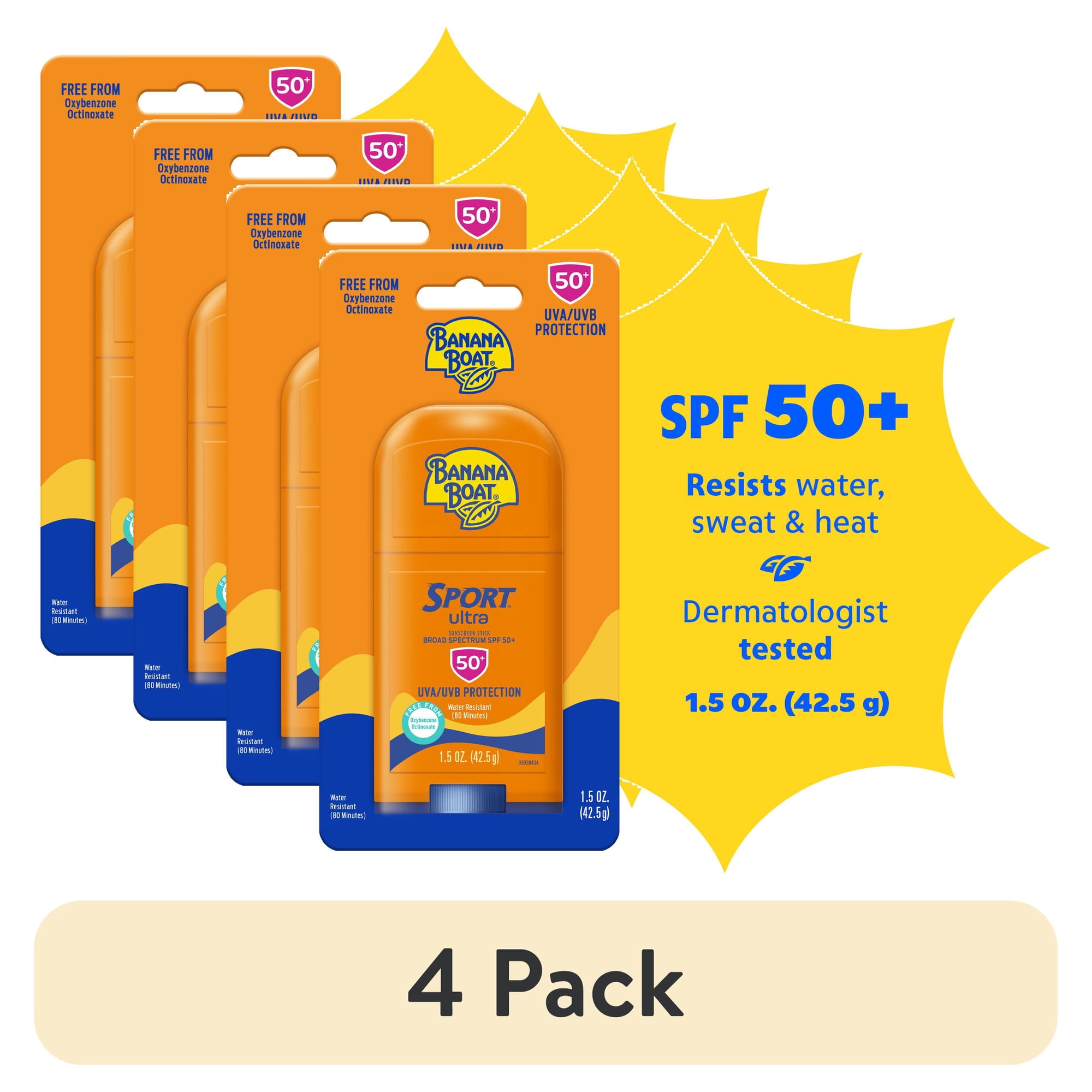 (4 pack) Banana Boat Sport SPF 50 Sunscreen Stick, Body and Face Sunscreen Travel Size, 1.5 Oz