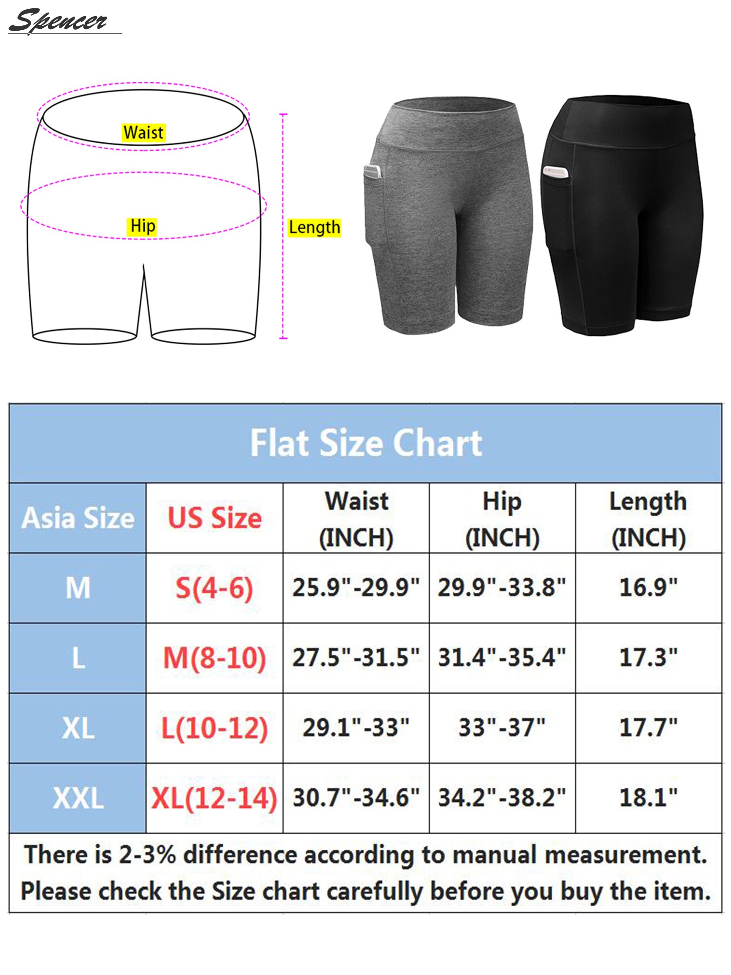 Spencer Womens High Waist Yoga Shorts with Side Pockets Tummy Control Workout 4 Way Stretch Yoga Leggings "M, Black" - image 2 of 9