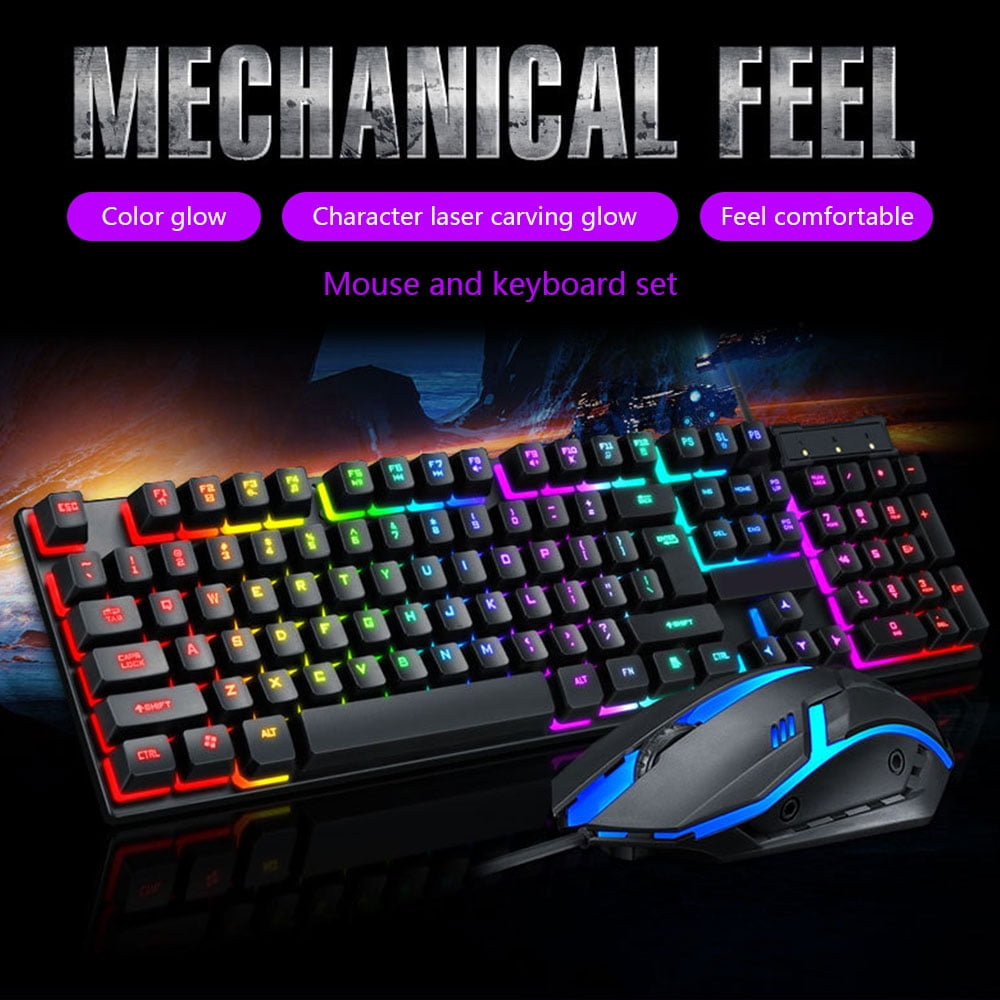 Rainbow Backlight Wired USB Ergonomic Gaming Keyboard and Mouse Combo Set for PC 