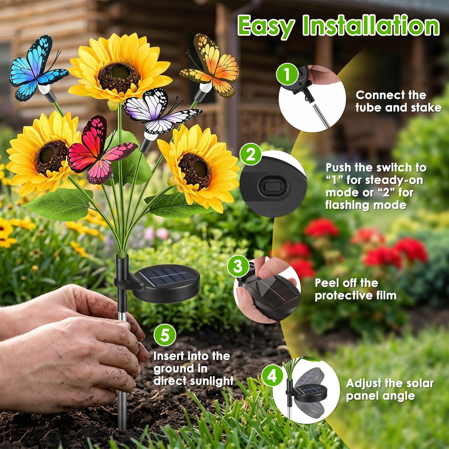 Astoutdoor Solar Sunflower Garden Stake Lights, 4-Pack, 3 Sunflower Heads and Butterfly Decor, Warm White LED, 2 Modes, IP44